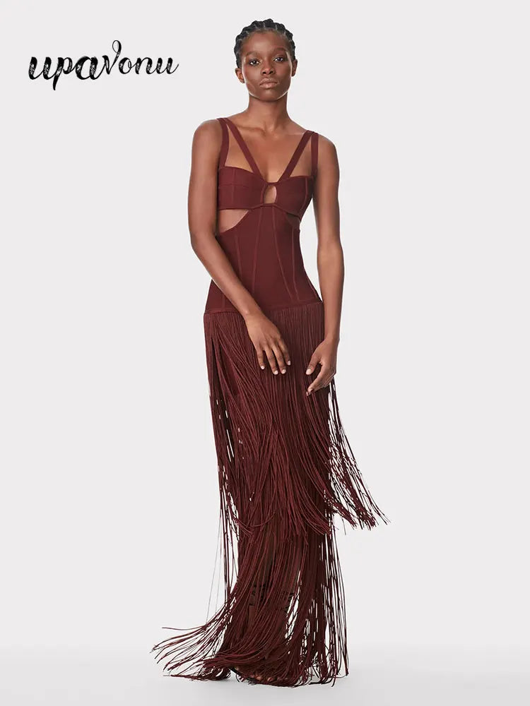 2026 Summer Sexy Tassel Bandage Dresses Women's Spaghetti Sleeveless Hollow Bodycon Long Dress Celebrity Evening Party Vesidos