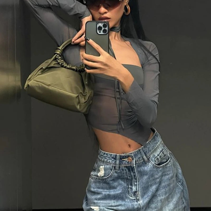 Sexy Spice Girl T-shirt with Irregular Long Sleeves and Short Waist-exposed Tops 2025 Spring and Autumn Fashion Women's Wear