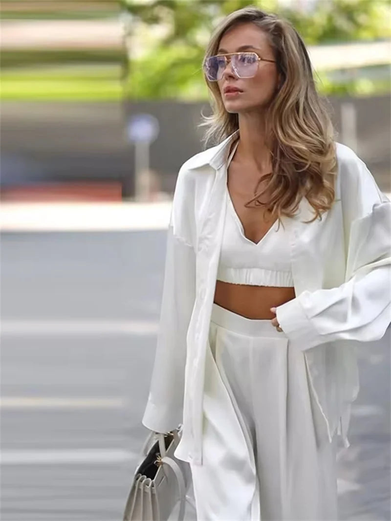 Sexy Loose Silk 3 Piece Sets Women Outfit 2025 Fashion Long Sleeve Shirts Bra With High Waist Wide Pants Set Lady