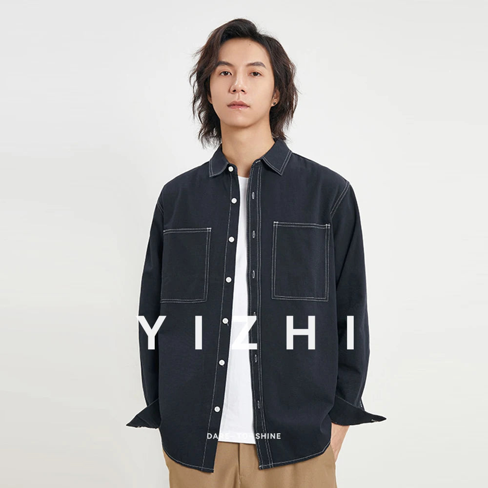100% Cotton Men's Shirt Jacket 2025 Spring Autumn New Style Japanese Lapel Solid Color Shirt Loose Slightly Elastic Youth Jacket