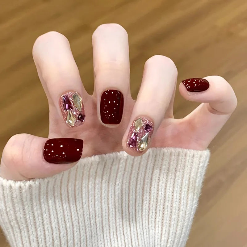 Wine Red Rhinestone Square Press-On Nails – 24 Pieces