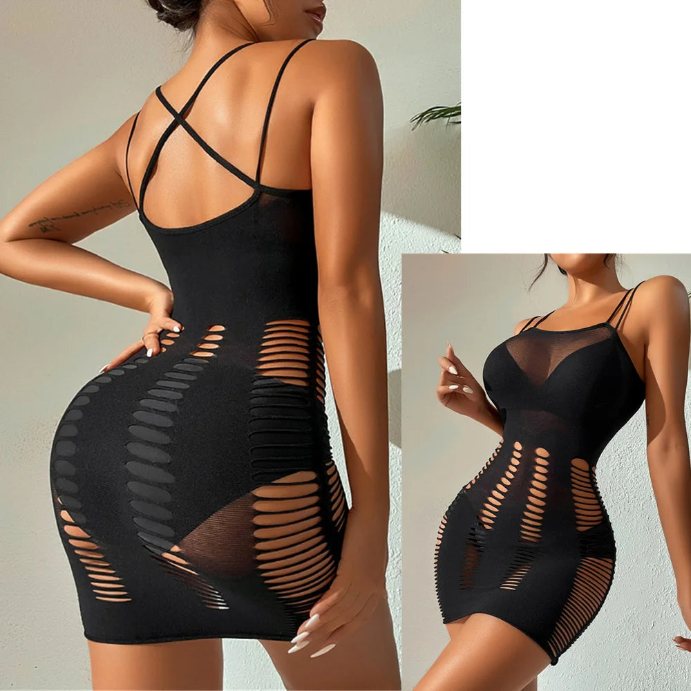 Sexy Lingerie Babydolls Bodycon Dress Fishnet Clubwear Perspective Halter See Through Women's Lingerie Body Stocking Nightdress
