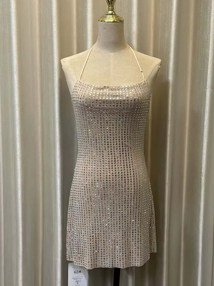 Sexy Club Rhinestone dress bodycon Women's 2025 Summer Luxury Sleeveless Backless Mini dresses Slim Mesh vestidos INKEO 5D028