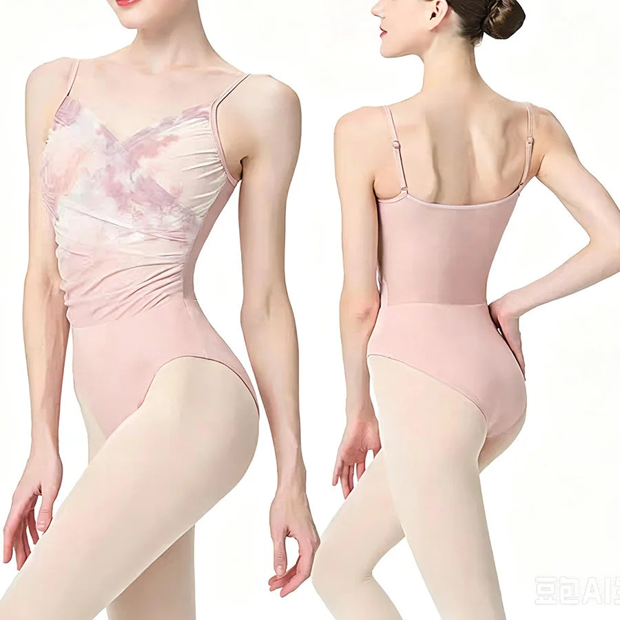 Chinese Style Elegant Lyrical Ballet Gymnastics Leotard Women Dance Leotard Pleated V-Neck Bodysuit Dancewear Clothing Adult