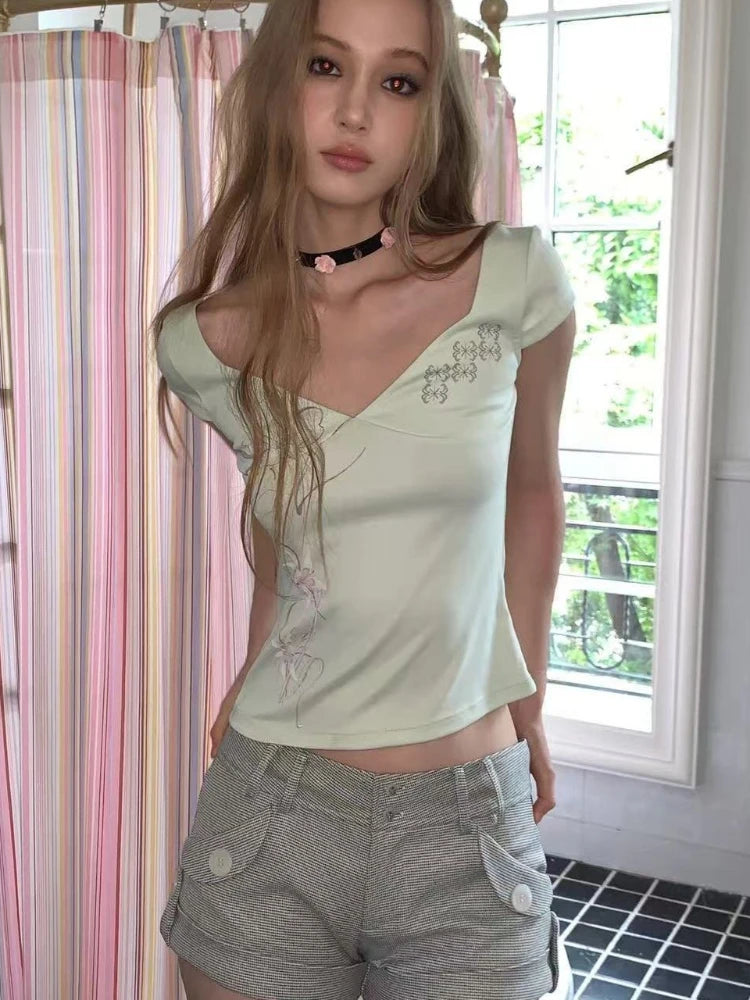 Y2K Floral Print Slim-Fit Crop T-Shirt