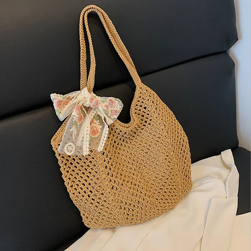 Woven Lace Bow Raffia Tote Bag
