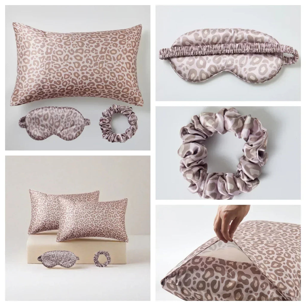 4-Piece Leopard Satin Pillowcase, Eye Mask & Scrunchie Set