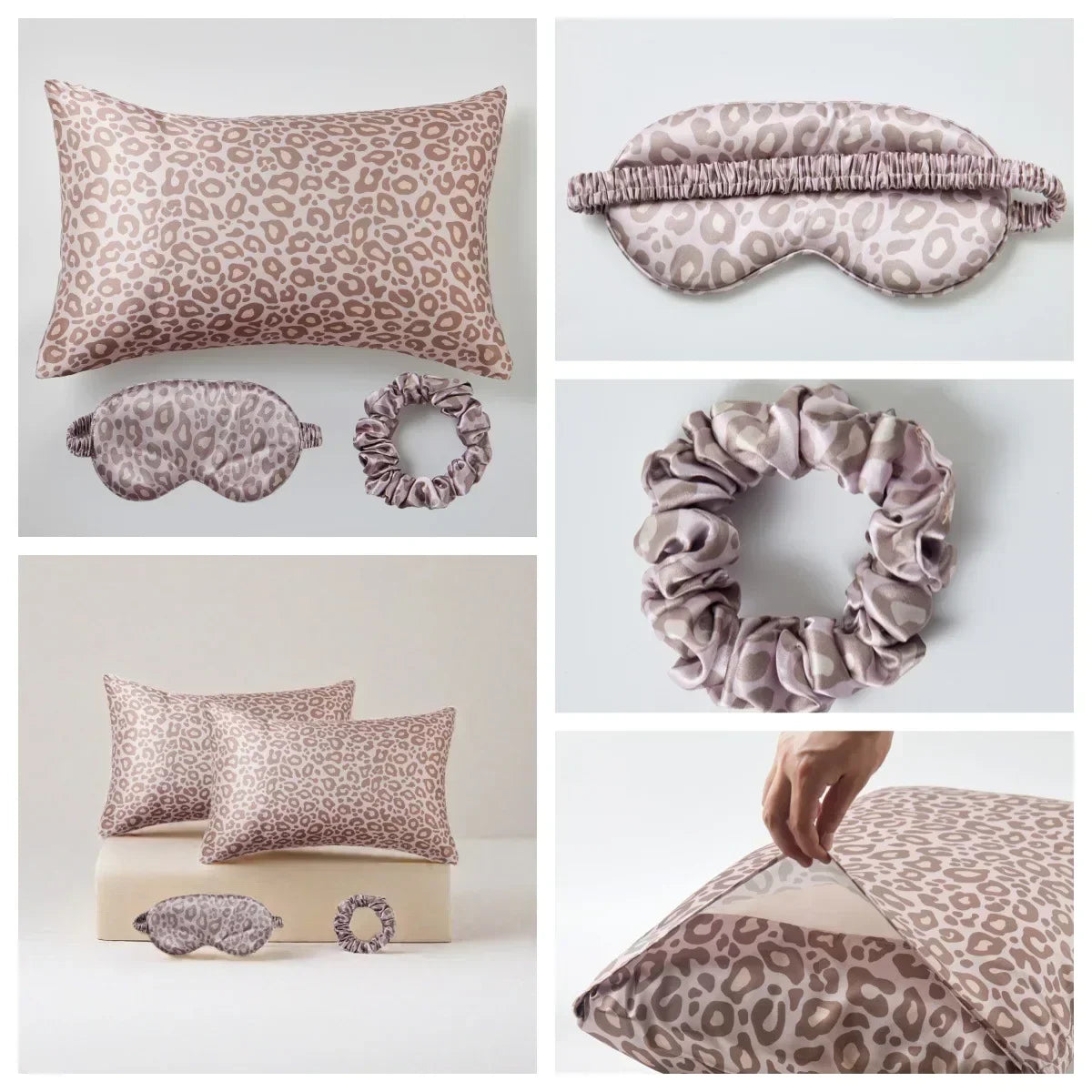 4-Piece Leopard Satin Pillowcase, Eye Mask & Scrunchie Set