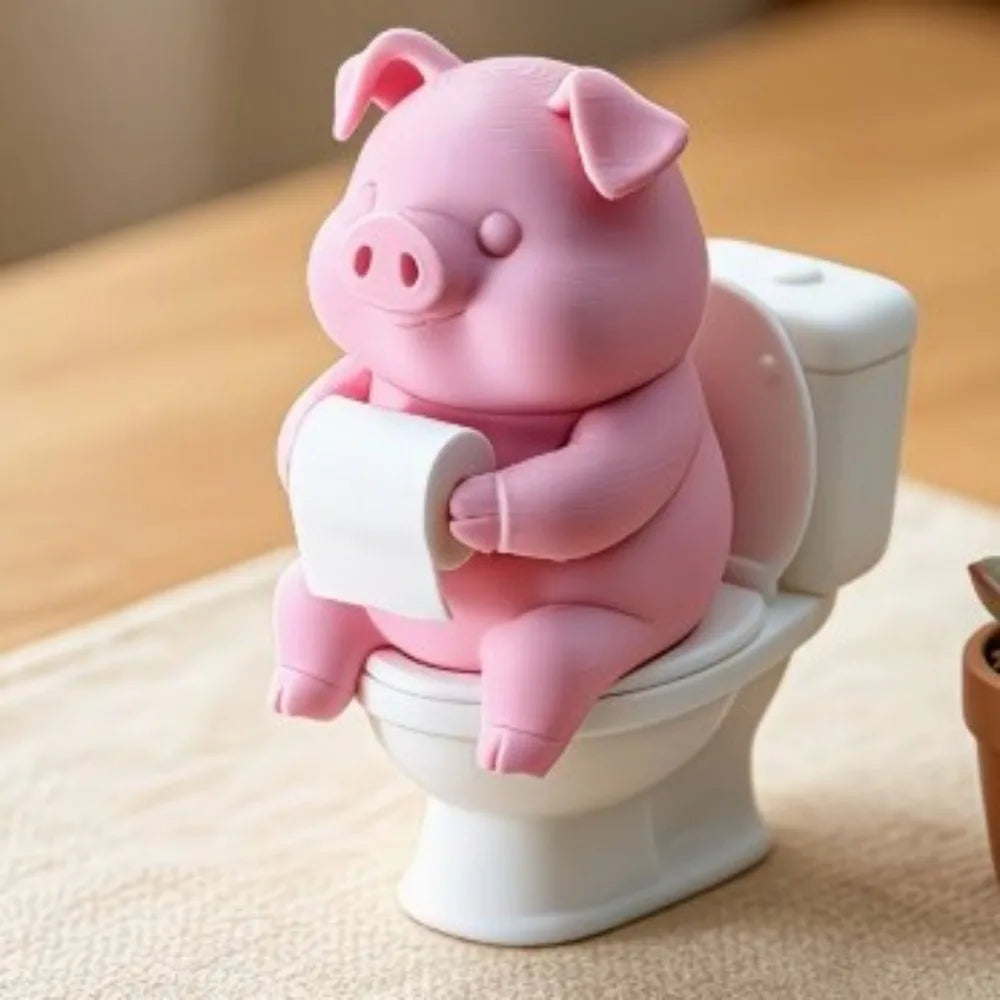 Funny 3D Printed Pig Figurine Cartoon Plastic Pig Sitting on Toilet Wall Mounted Toilet Pig Decoration Desk Shelf