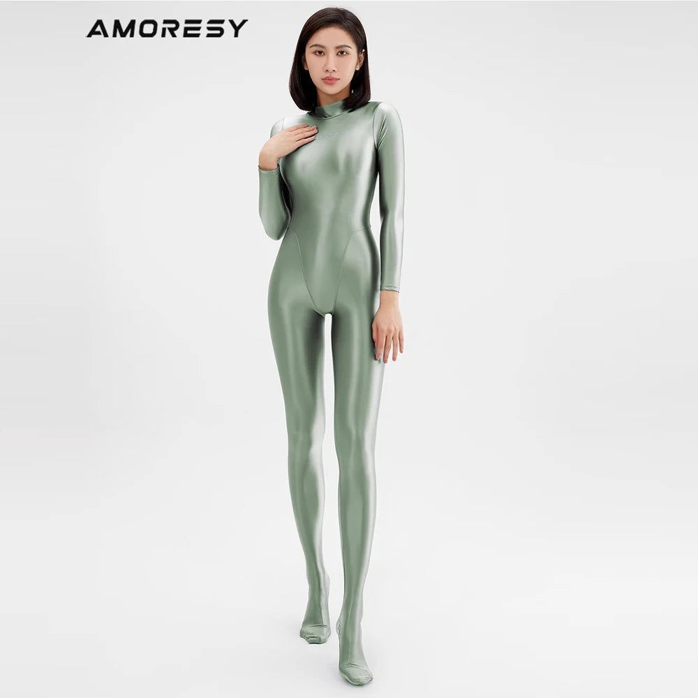 Women's Glossy Long-Sleeve Full-Length Jumpsuit