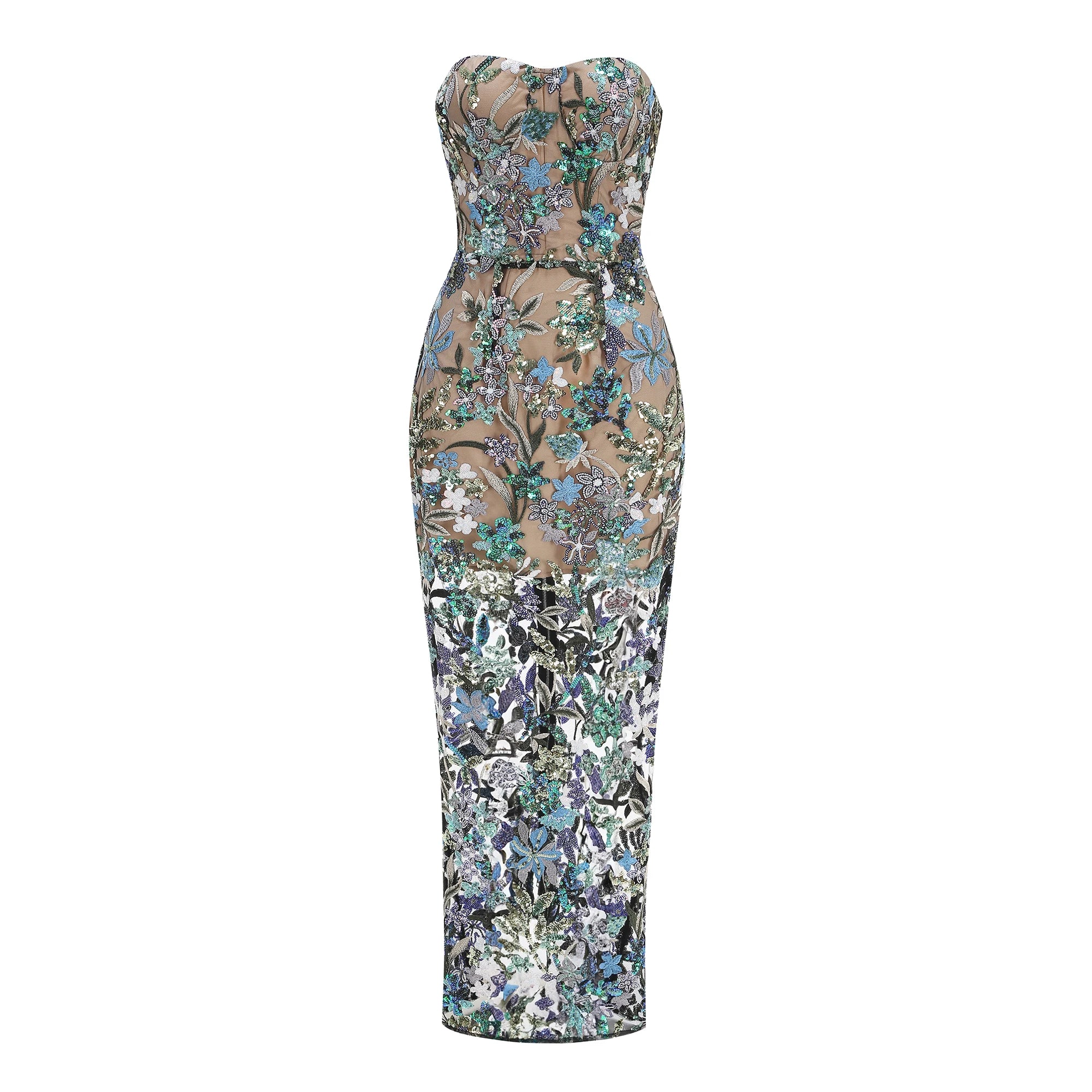 New Sexy Embroidered Bead Flower Strapless Backless Party Dress, Women's Slim Fit Waist Wearing Fishbone Party Dress Long