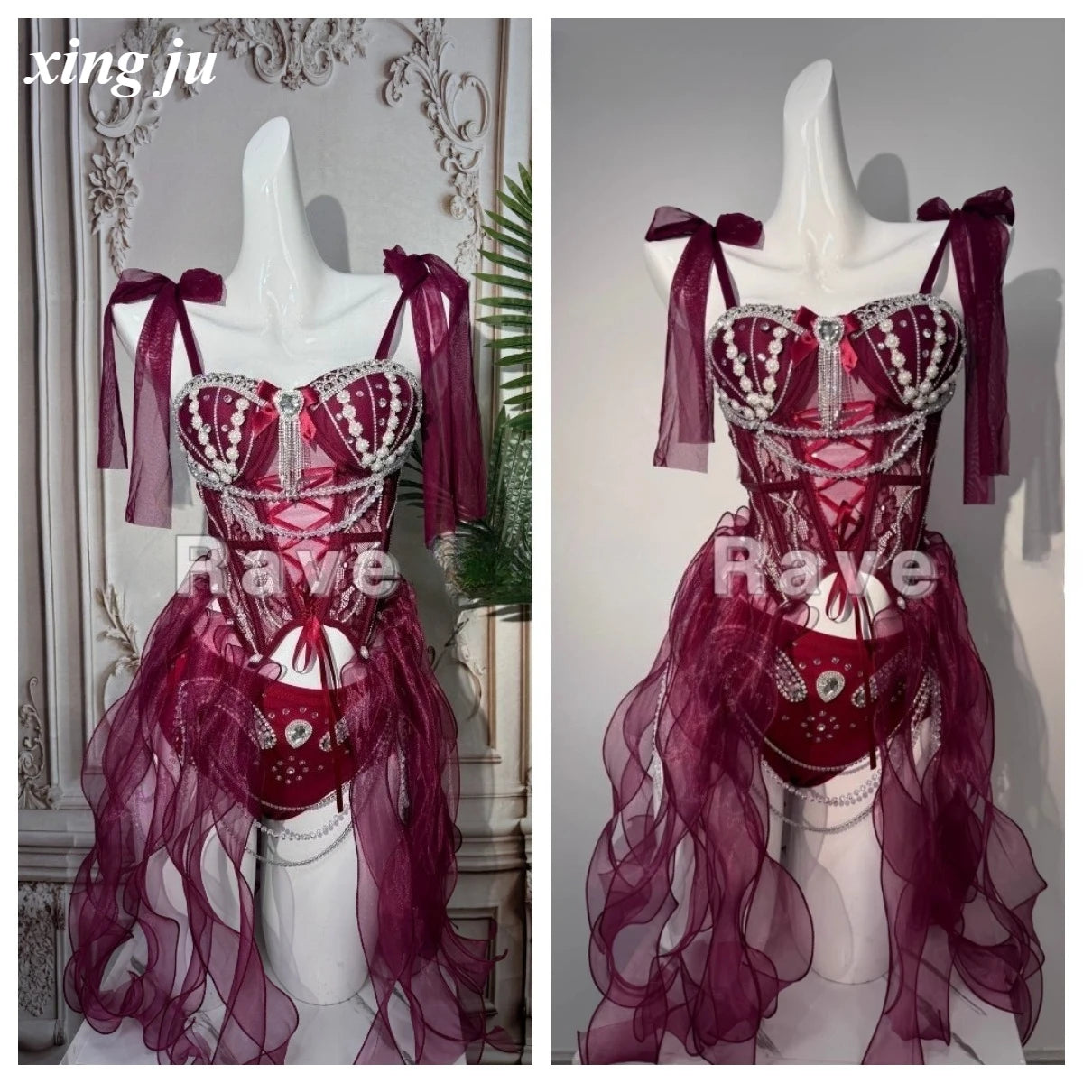 Xing Ju Sexy Temperament Pearl Diamond Fishbone Suspender Tops Shorts Singer Stage Party Outfits Women Nightclub Club Costumes