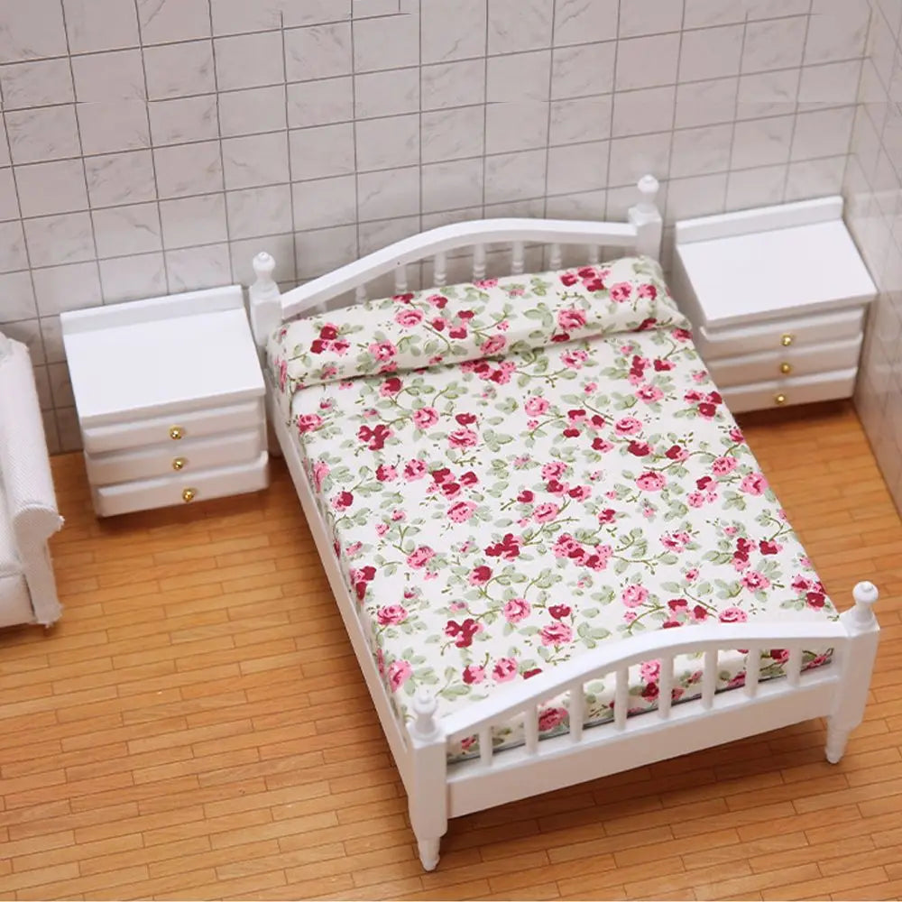 Miniature Dollhouse Bed & Bedside Table Set