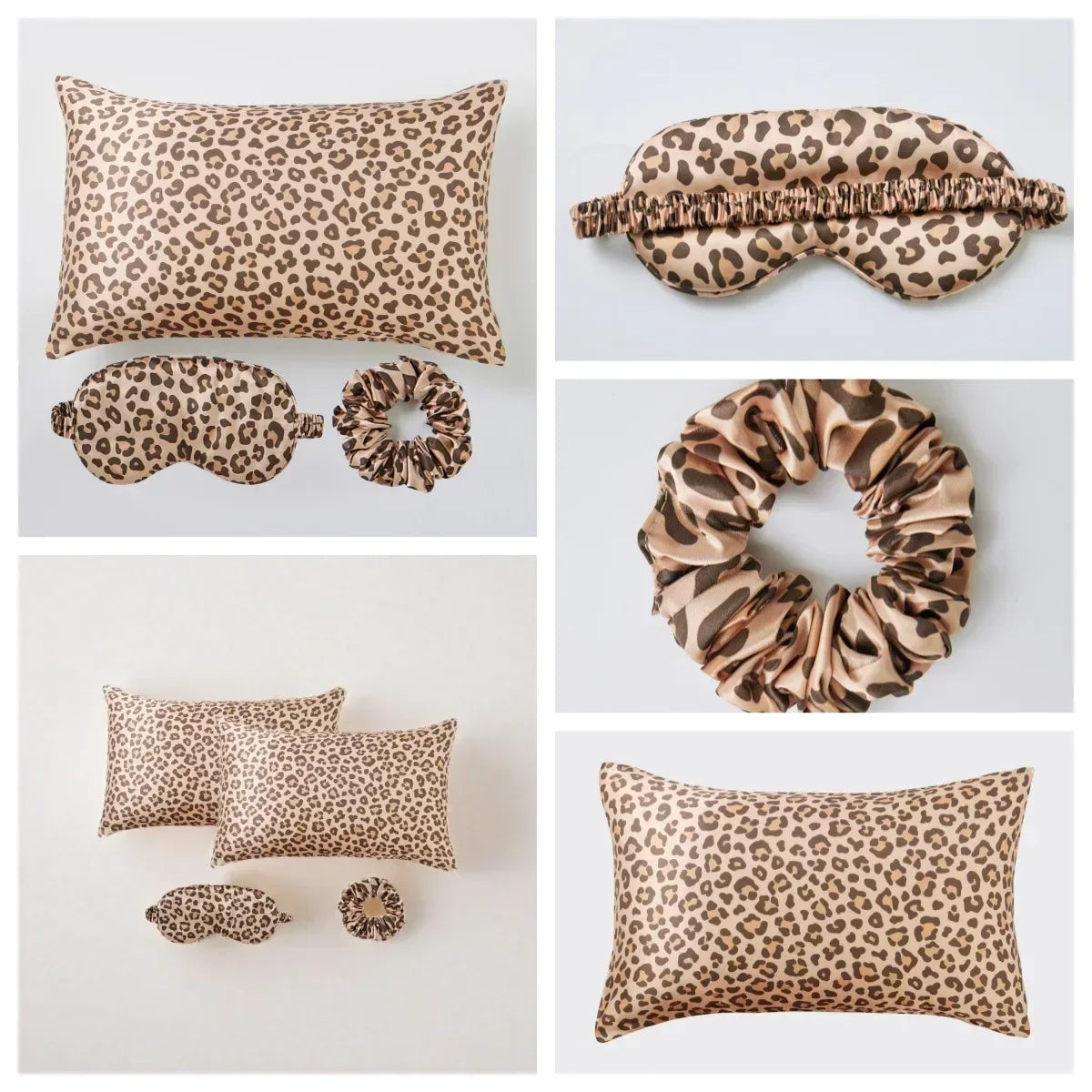4-Piece Leopard Satin Pillowcase, Eye Mask & Scrunchie Set