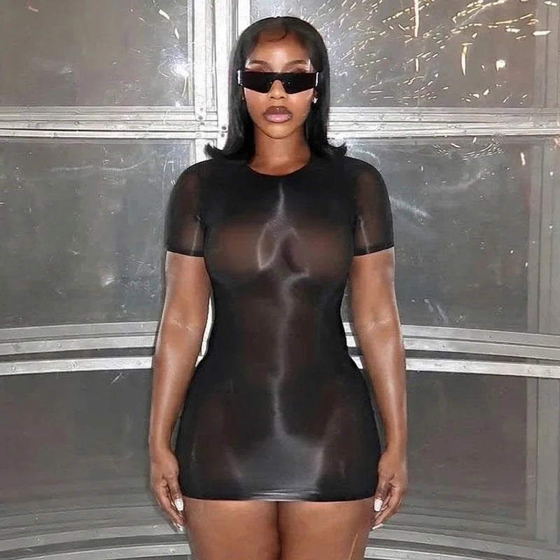 Sexy spicy girl style see through short sleeved tight fitting dress, short dress