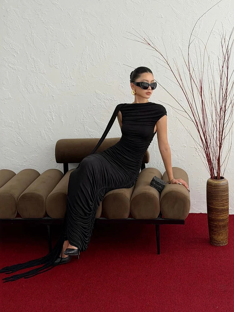 Sexy O Neck Pleated Tassel Patchwork Long Dress Women Black Sleeveless Folds Bodycon Dresses Evening Party Cocktail Gowns