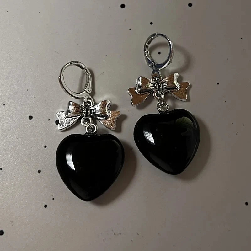 Goth Y2K Bow, Heart & Cross Drop Earrings