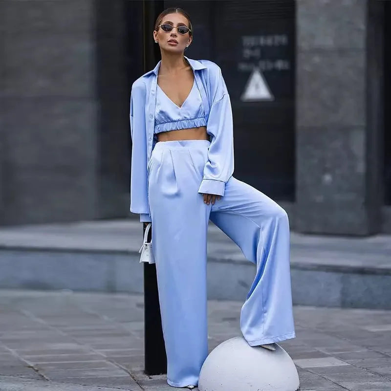 Sexy Loose Silk 3 Piece Sets Women Outfit 2025 Fashion Long Sleeve Shirts Bra With High Waist Wide Pants Set Lady