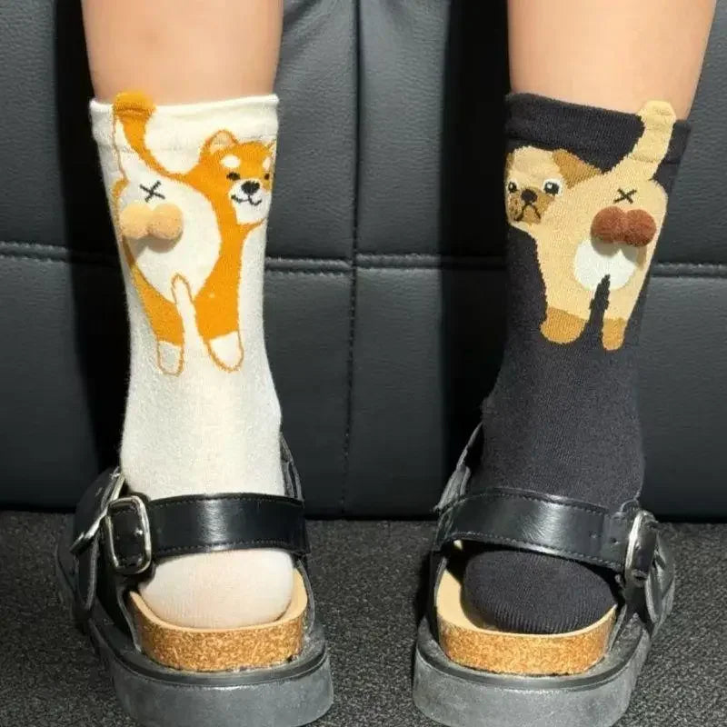 1/2Pair Cartoon Cute Dog Egg Cotton Socks Kawaii Women Lolita Knitting Middle Tube Socks Cat Butt Print Cat Balls Couple Sock