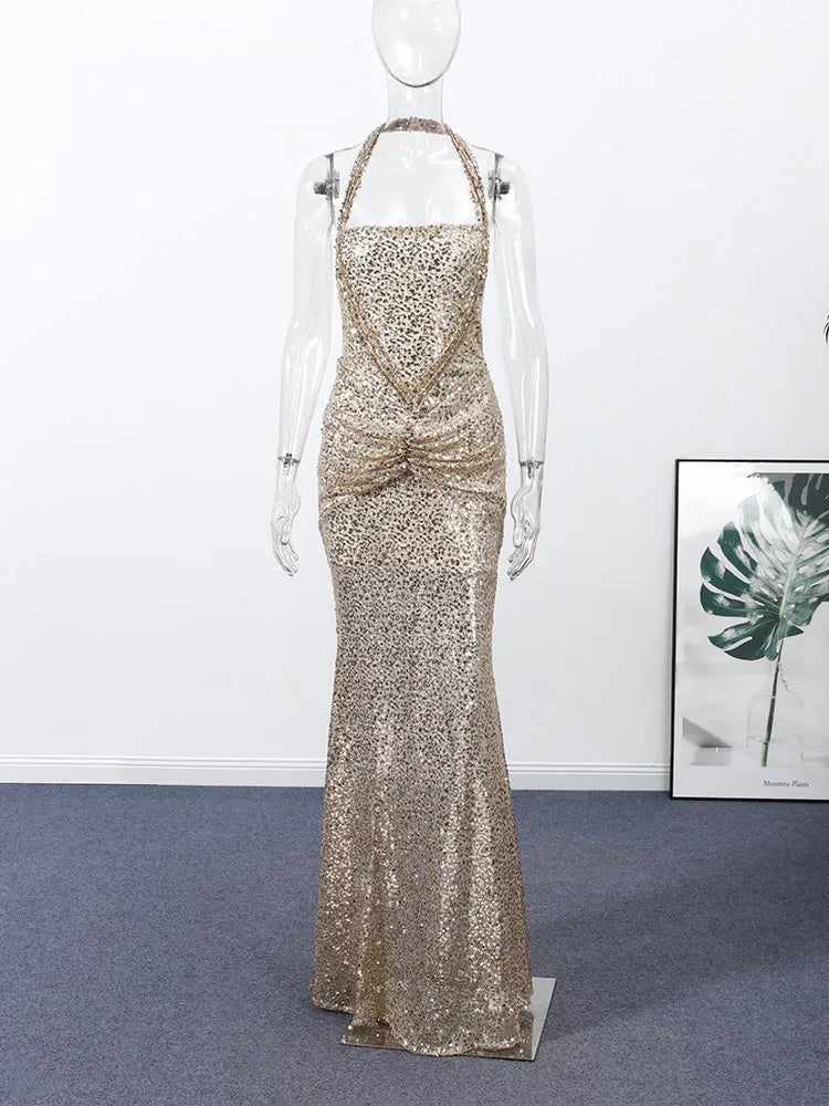 Sexy Sequin Halter Long Dress Women Slim Sleeveless Square Collar Solid Evening Robe Female 2026 Summer Autumn Dresses New