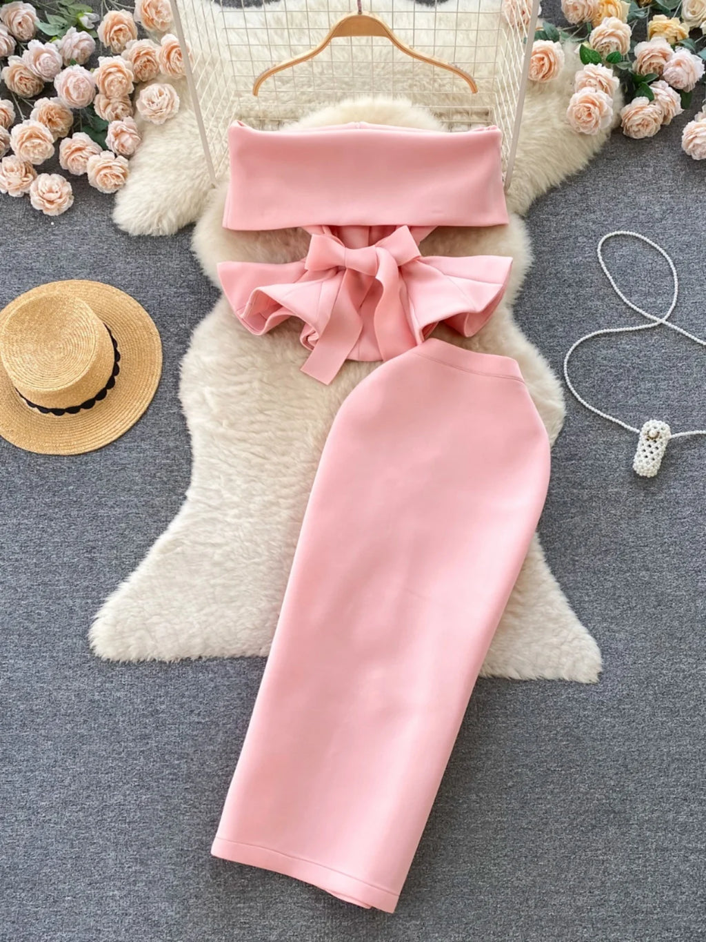 Sexy One-oulder Belted Waist Gown Set with Pleated Skirt Two-Piece Ensemble Versatile Courtly Sle for Young Adults