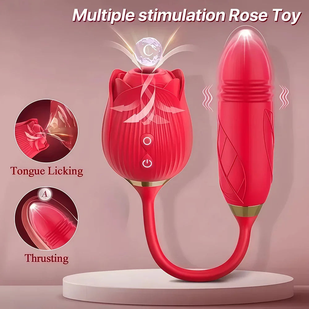 Rose 3in1 Sucker Vibrator for Women Telescopic Clitoris Stimulator Dildo Licking Vagina Massager Masturbator Sex Toys for Women