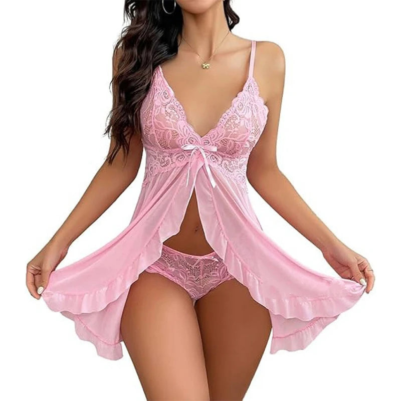 Sexy Lace Lingerie Set Women V-Neck Sheer Lace Camisole Panties Pajamas Set