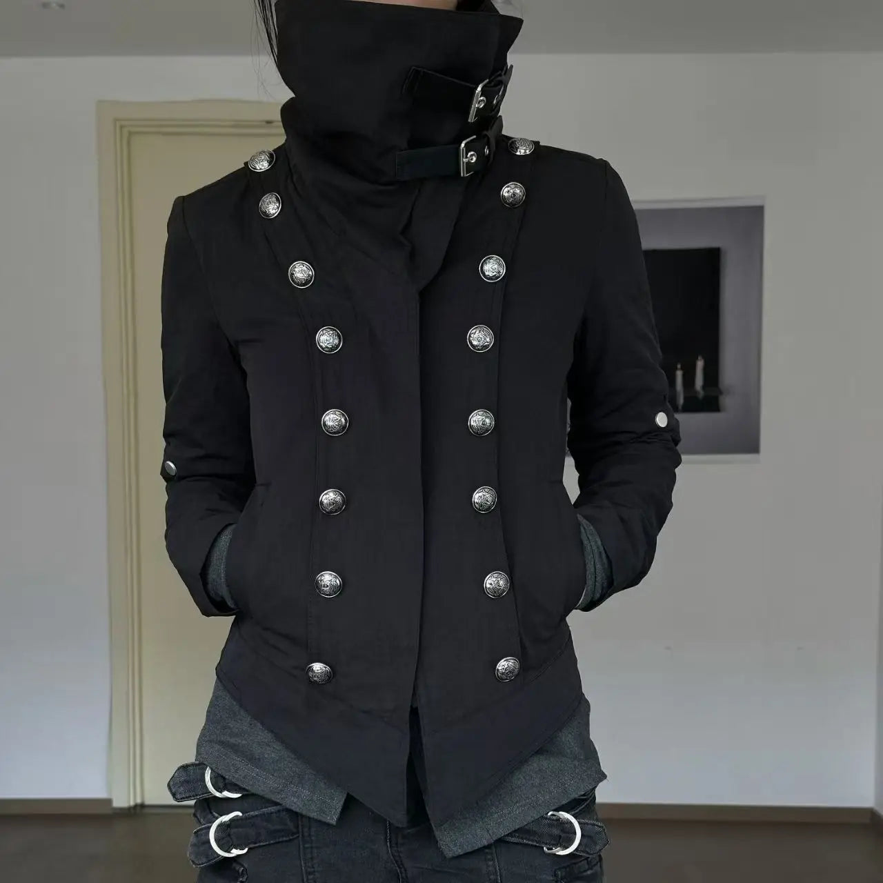 Vintage Harajuku Korean Gothic Womens Hooded Black Jacket Loose Fur Collar Coat Subcultural Youth Casual Street Daily Outfit