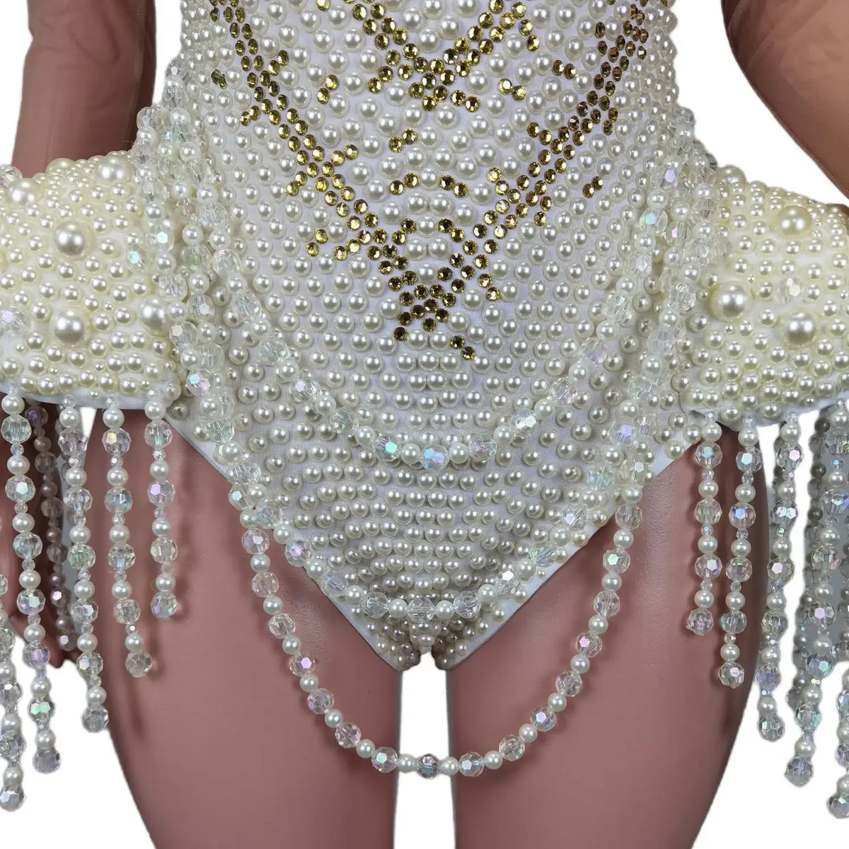Women's White Pearl Tassel Rhinestone Stage Jumpsuit