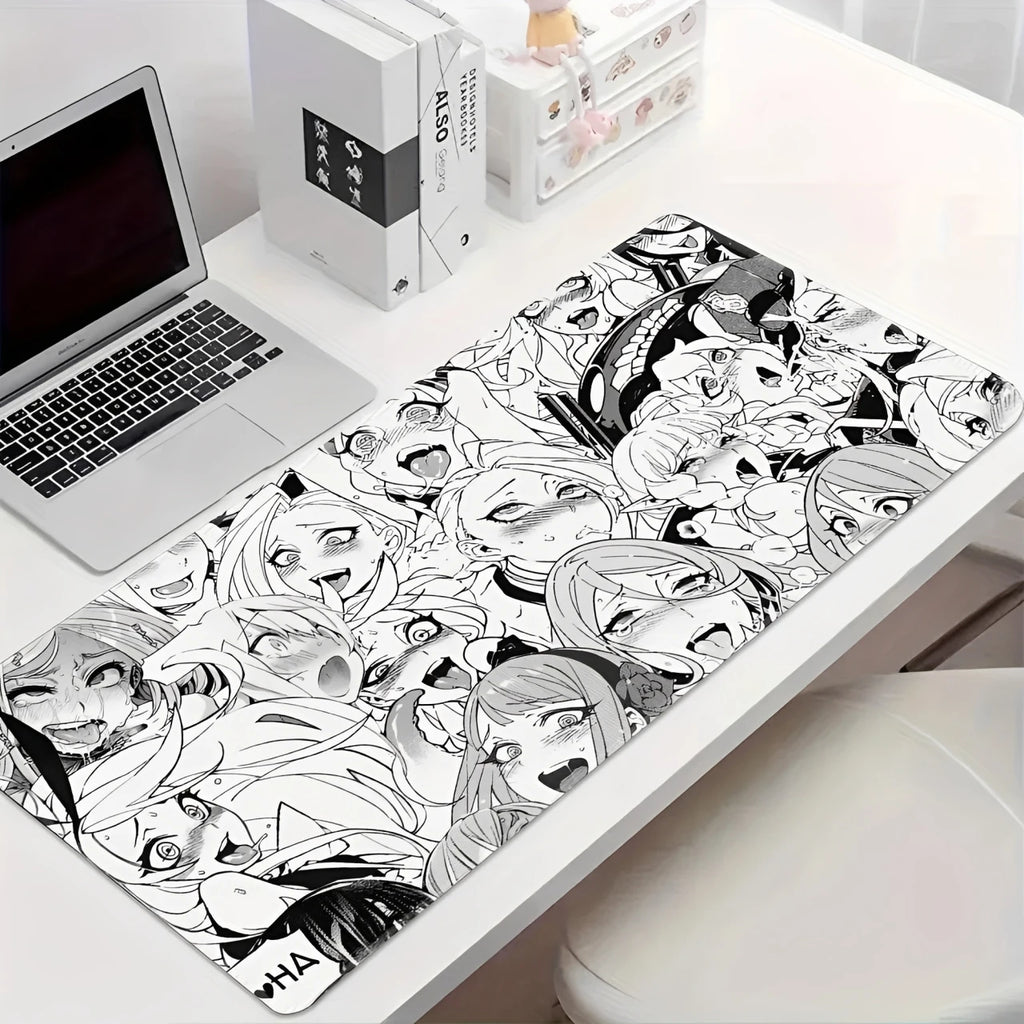 Ahegao Anime Girls Collage Gaming Mouse Pad, Large Non-Slip Desk Mat with Black & White Manga Style for Gamers & Home Office