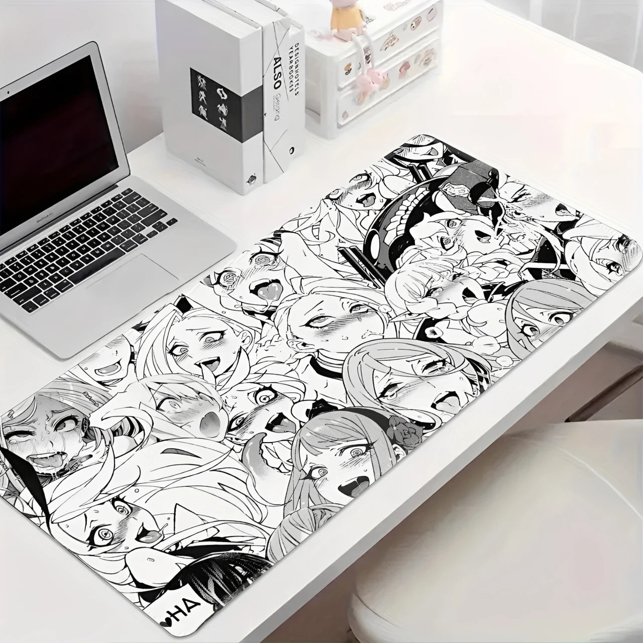Ahegao Anime Girls Collage Gaming Mouse Pad, Large Non-Slip Desk Mat with Black & White Manga Style for Gamers & Home Office