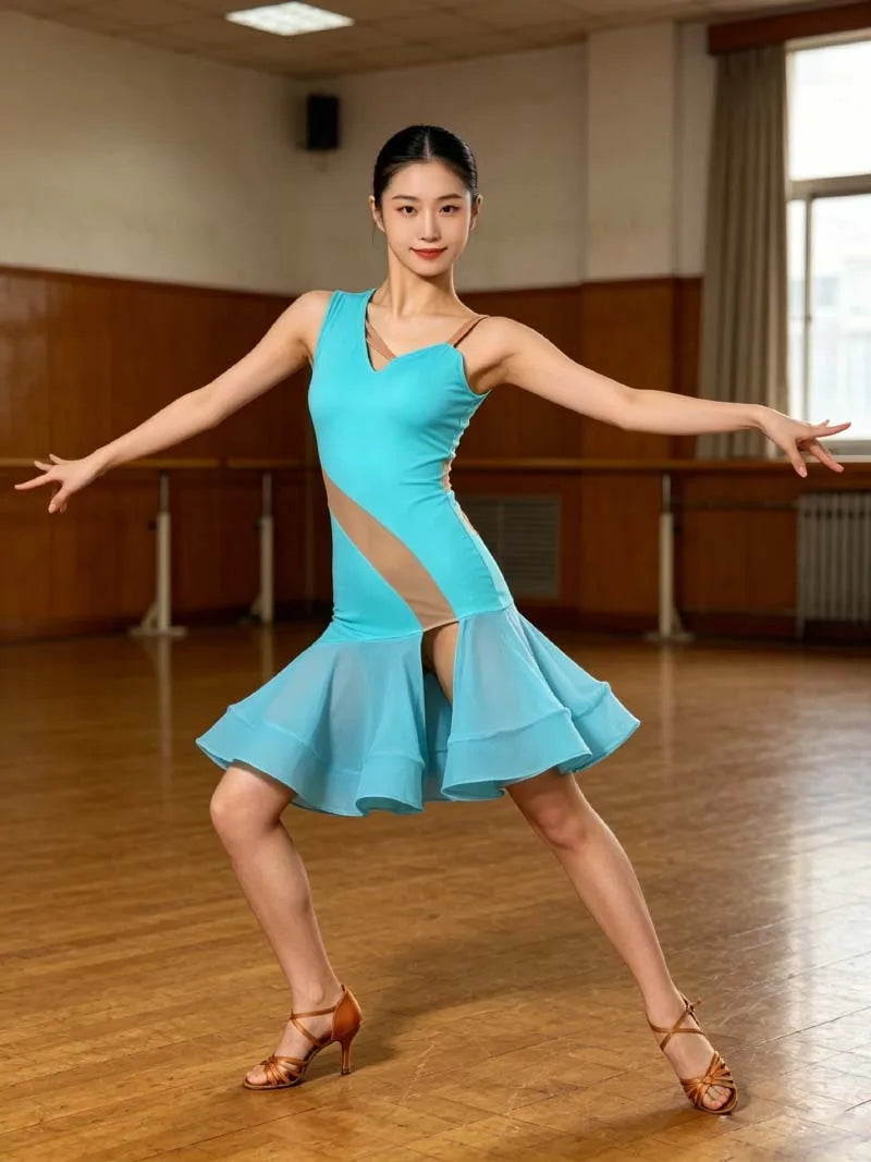 Sexy Latin Competition Dance Skirt Women New Professional Samba Latin Dancing Custome Adult Sky Blus Rumba Latin Dress