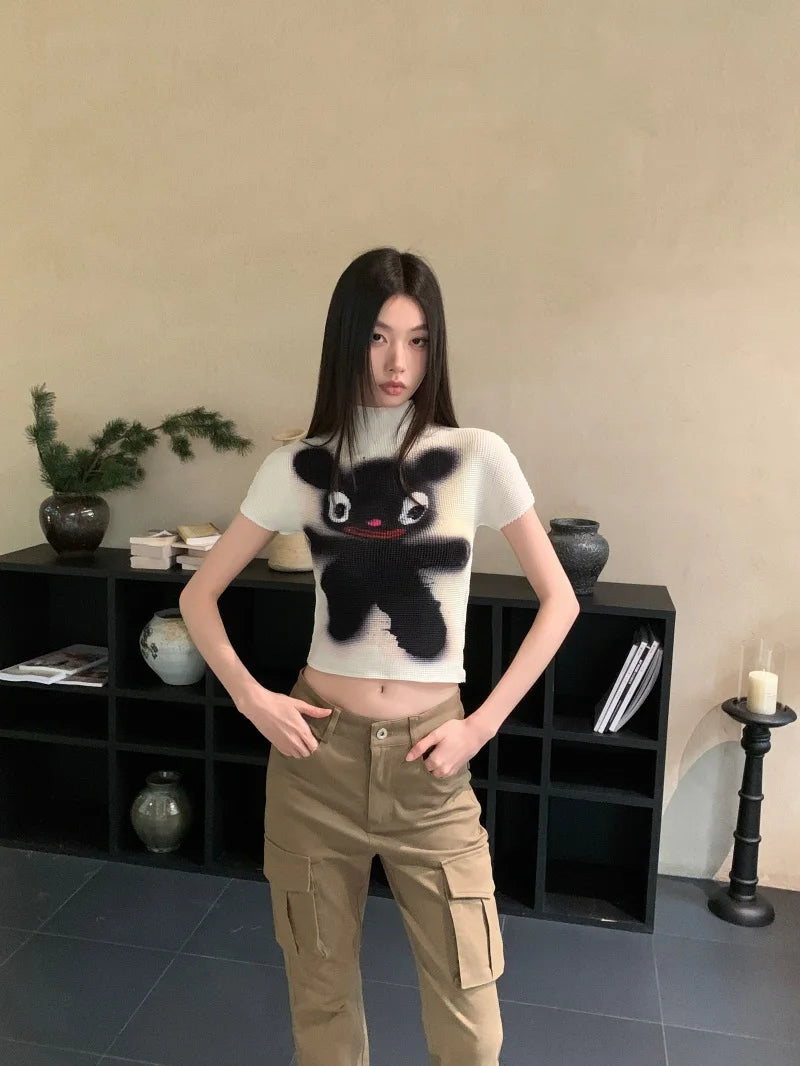 Pleated Cartoon Y2K Crop T-Shirt