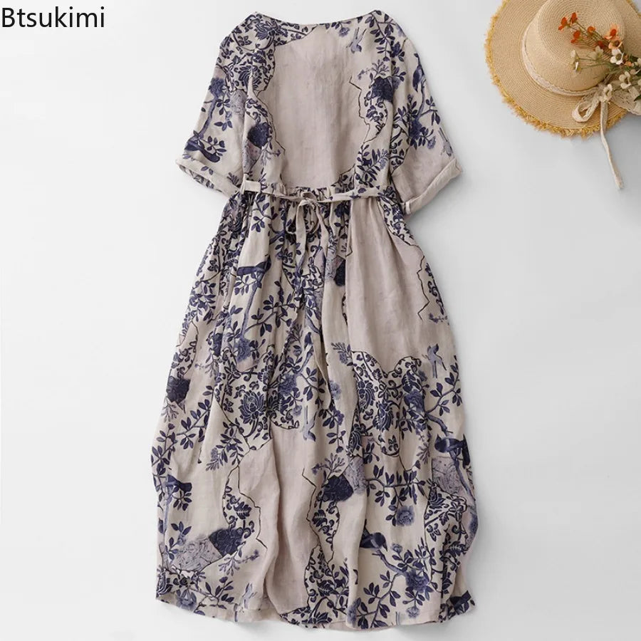 Summer Dresses for Women Retro Casual Loose Print V Neck Long Dress Comy Cotton Linen Pullover Robe Vestidos Women A-line Dress