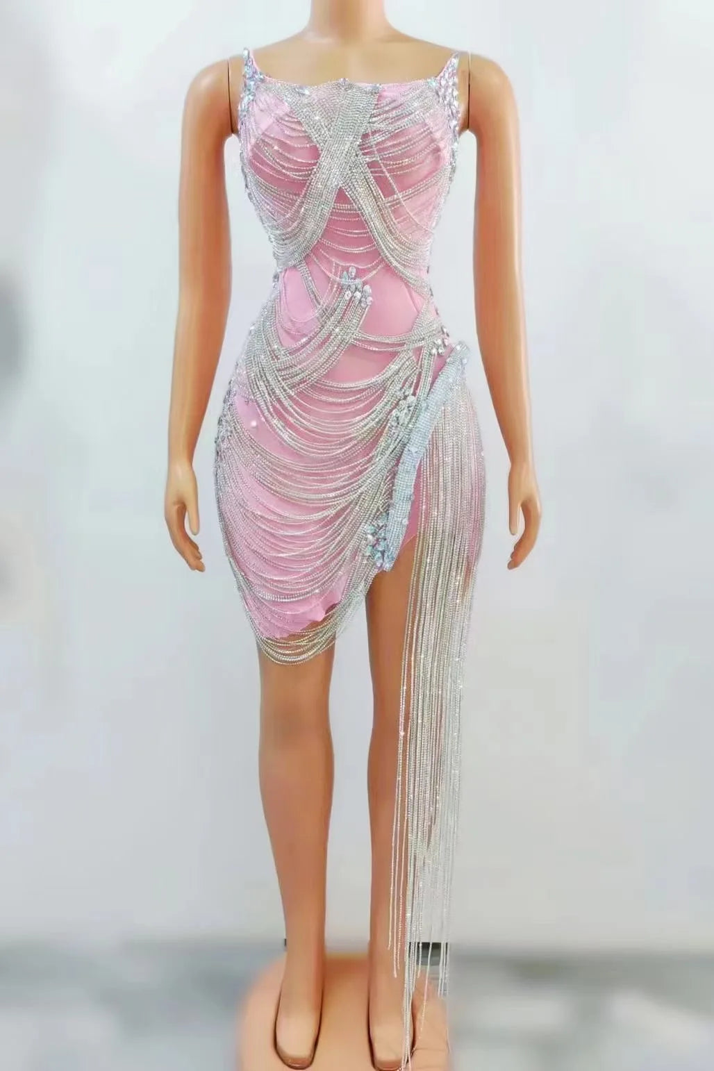 Luxury Dress Sexy Women's Shiny Beaded Rhinestone Dress Silver Stage Talent Performance Dress Birthday Celebration Party Dress