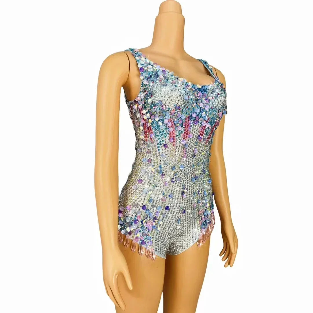 High Street Sexy Sequins Rhinestone Performance Women Outfit Luxury Dancer Singer Stage Costume Fashion Celebrity Bodysuit