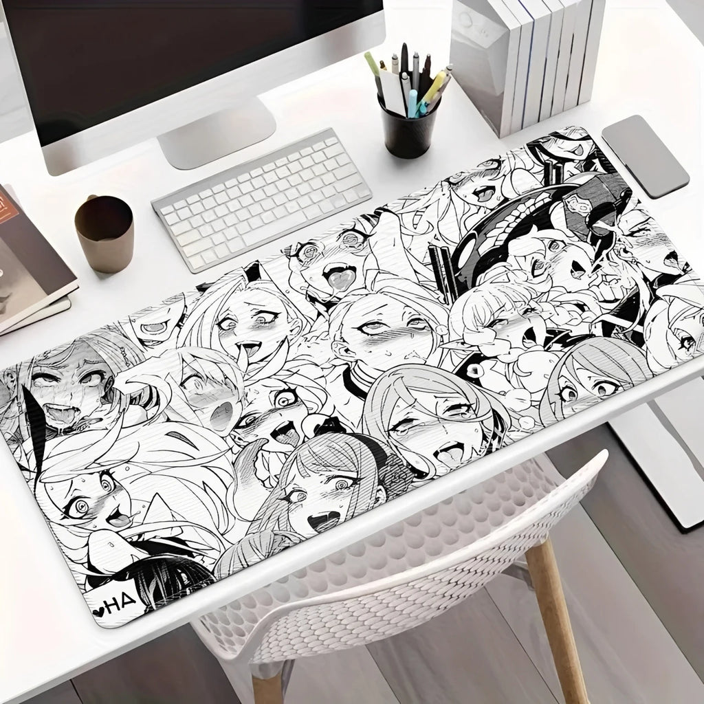 Ahegao Anime Girls Collage Gaming Mouse Pad, Large Non-Slip Desk Mat with Black & White Manga Style for Gamers & Home Office