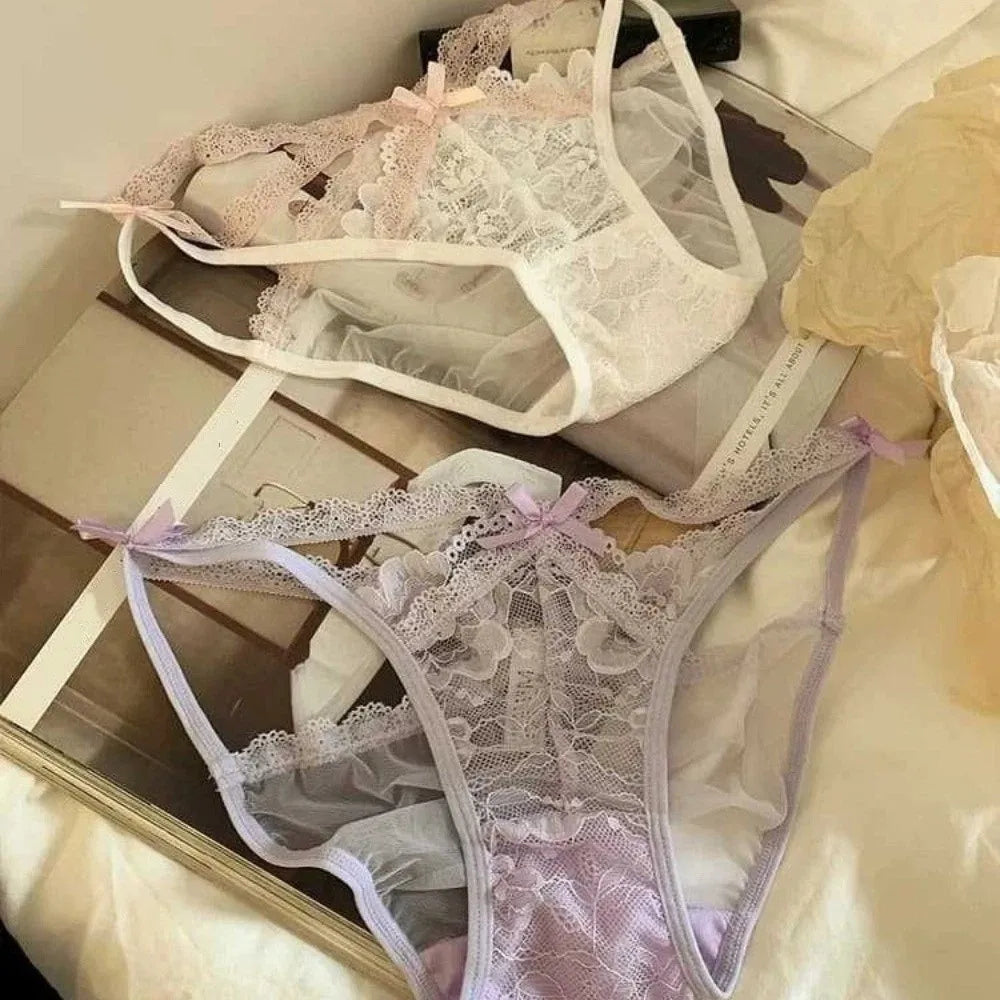 Lingerie Bow Lace Flower Panties Seamless Mid Waist French Style Briefs Hollow Transparent Lace Mesh Briefs Lady