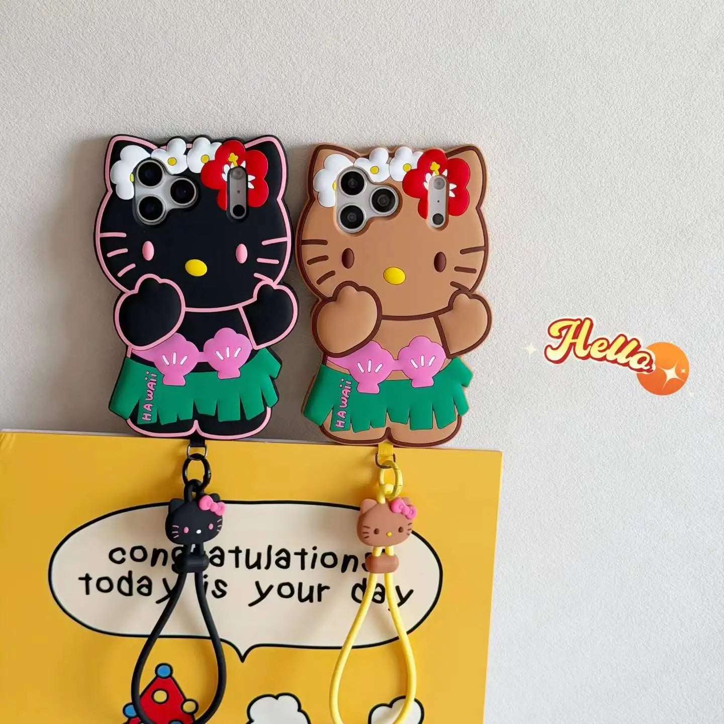 Kawaii Hello Kitty Phone Case For iPhone 17 16 15 14 13 12 11 Pro Max Plus 17 Pro Hula Skirt Kitty Silicone Cover with Lanyard