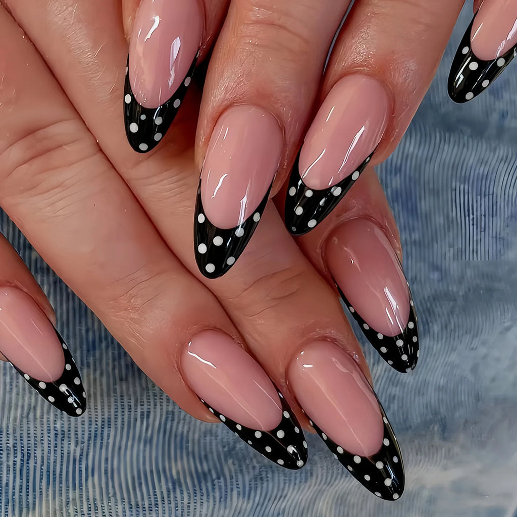 Medium Fake Nails for Women Girls Nude Black White French Almond Nail Tips with Polka Dots Design Full Cover Press On False Nail
