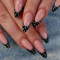 Medium Fake Nails for Women Girls Nude Black White French Almond Nail Tips with Polka Dots Design Full Cover Press On False Nail