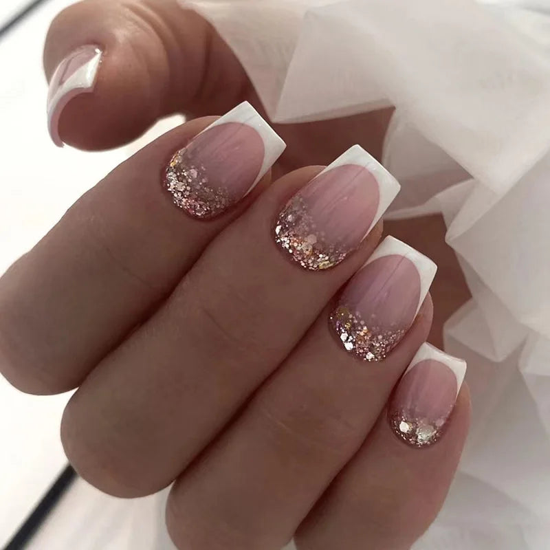 Pink Glitter French Short Square Press-On Nails