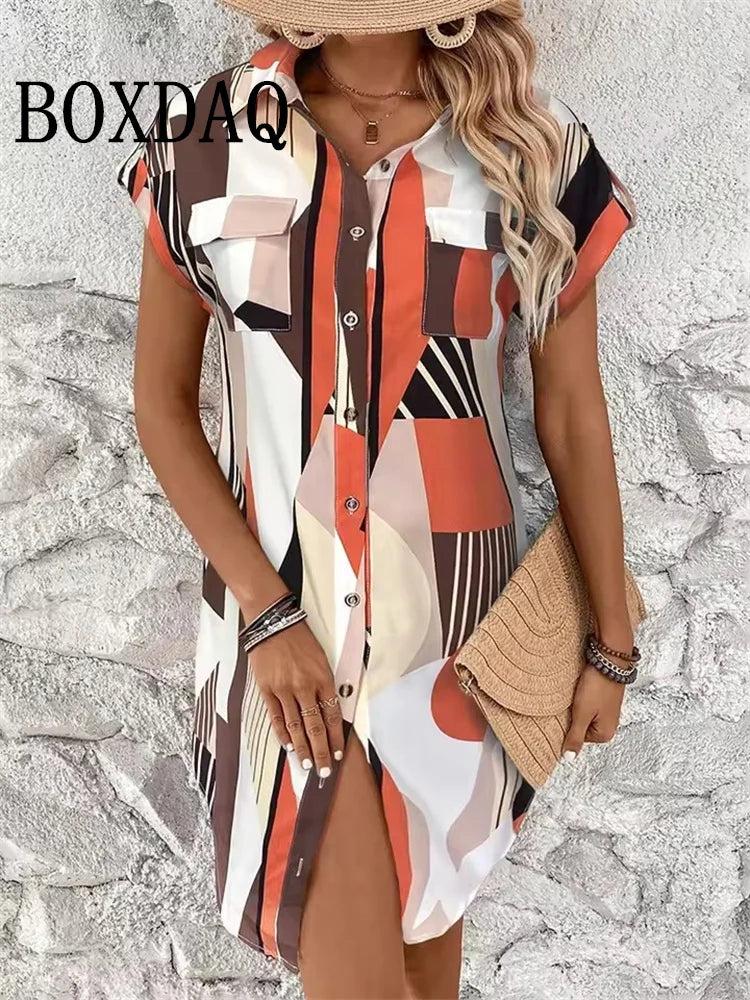 Women's Geometric Print Button Shirt Dress