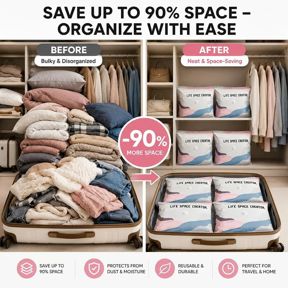3D Vacuum Storage Bags, Better Life Space Bags Pump Vacuum Storage Bags 3M+3L No Pump, Space Saver For Clothes Storage Bag
