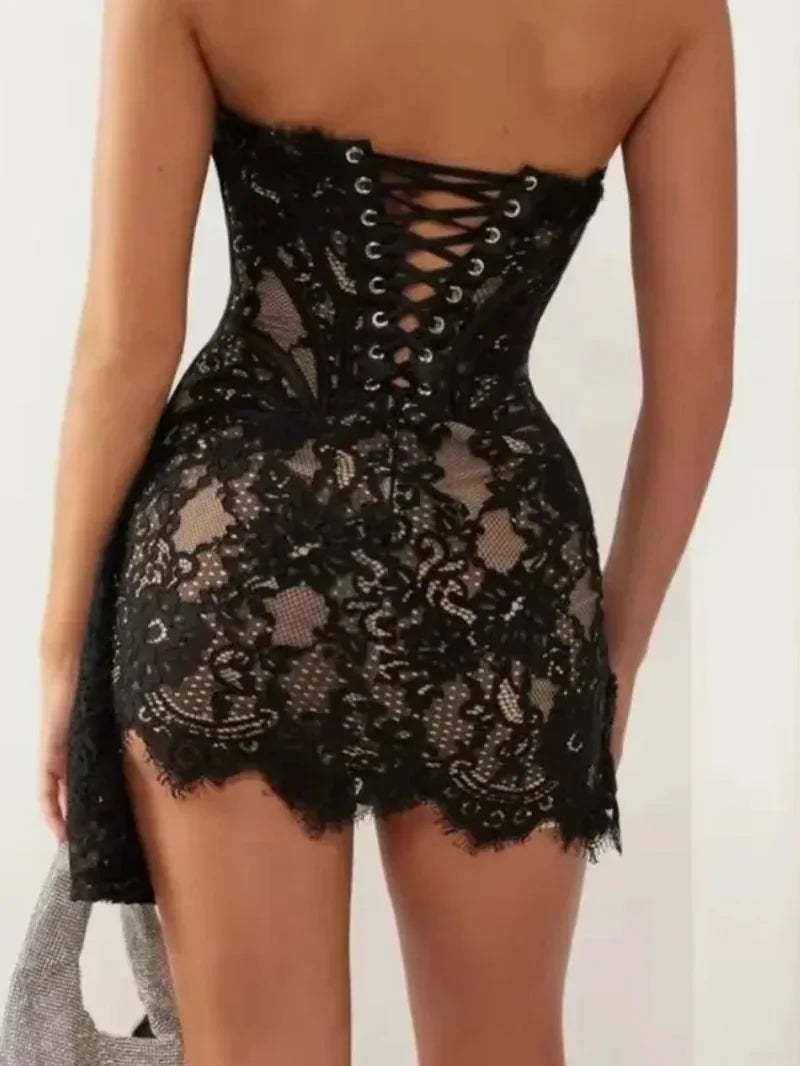 Sexy Lace See-through Corset Dress Patchwork High Waist Dress Elegant Printed Strapless Slim Evening Dress Tube Top Dress New