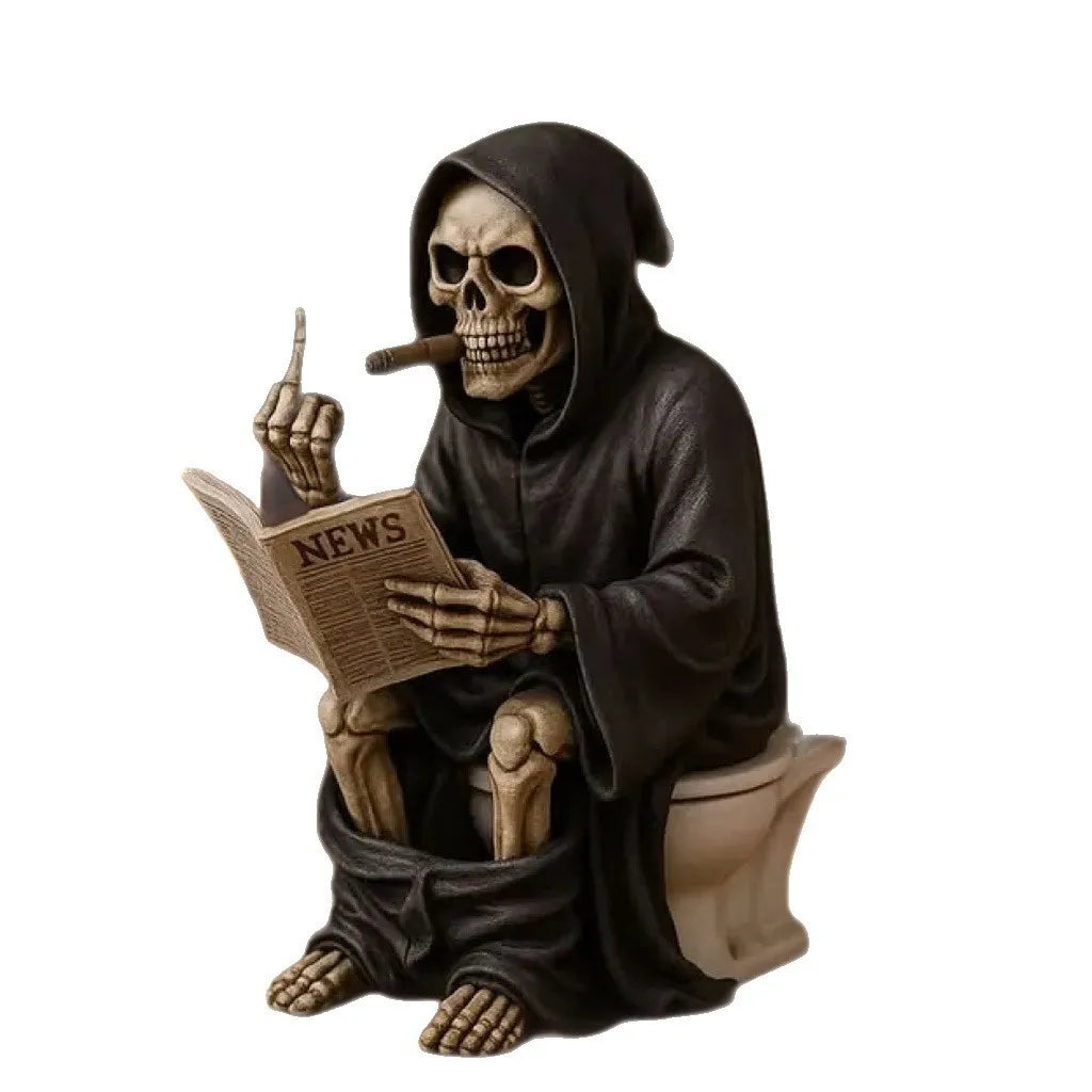 Funny Grim Reaper Skeleton on Toilet Resin Figurine, Humorous Gothic Bathroom Decor Statue, Creative Home Ornament for Desk