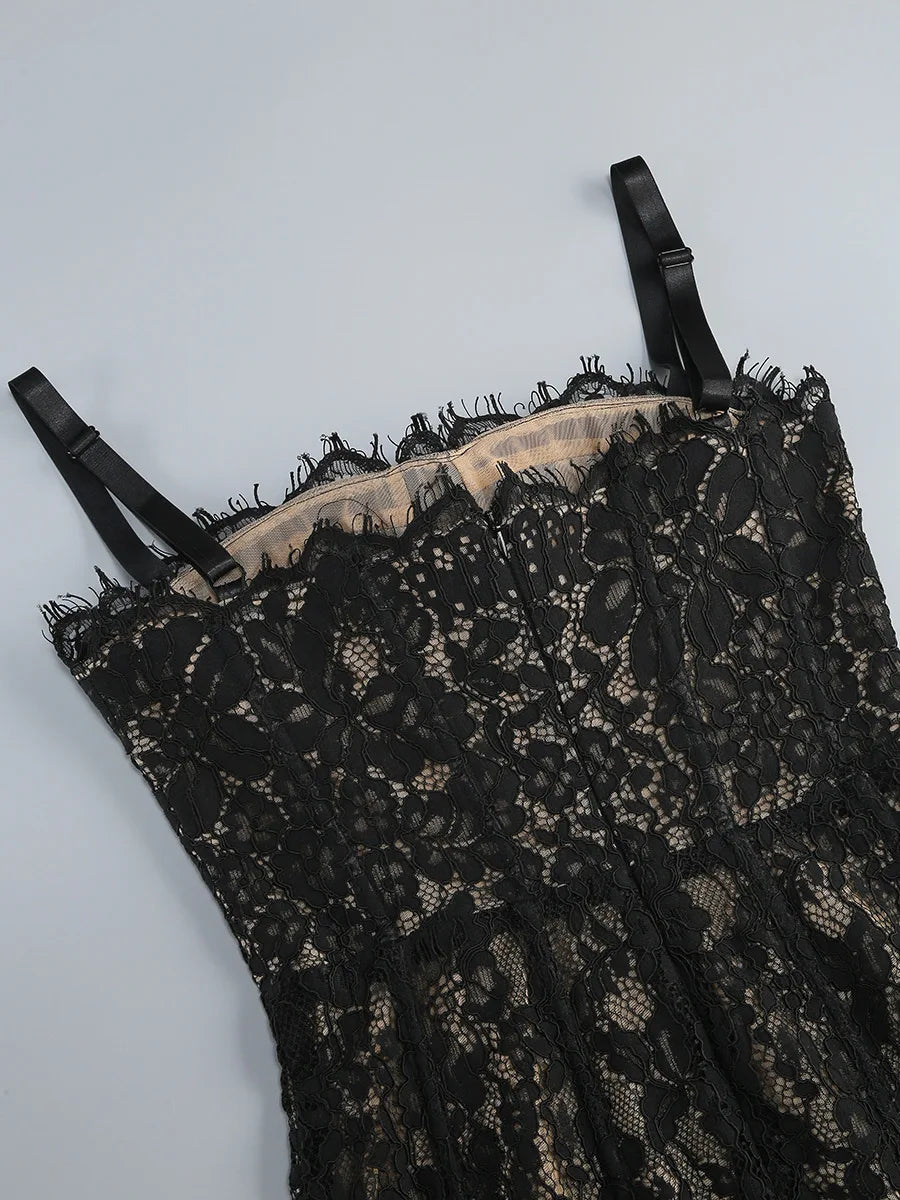Sexy Spaghetti Strap Square Neck Lace Long Dress Women Black Floral Lace Sleeveless Bodycon Dresses Elegant Evening Celebrity