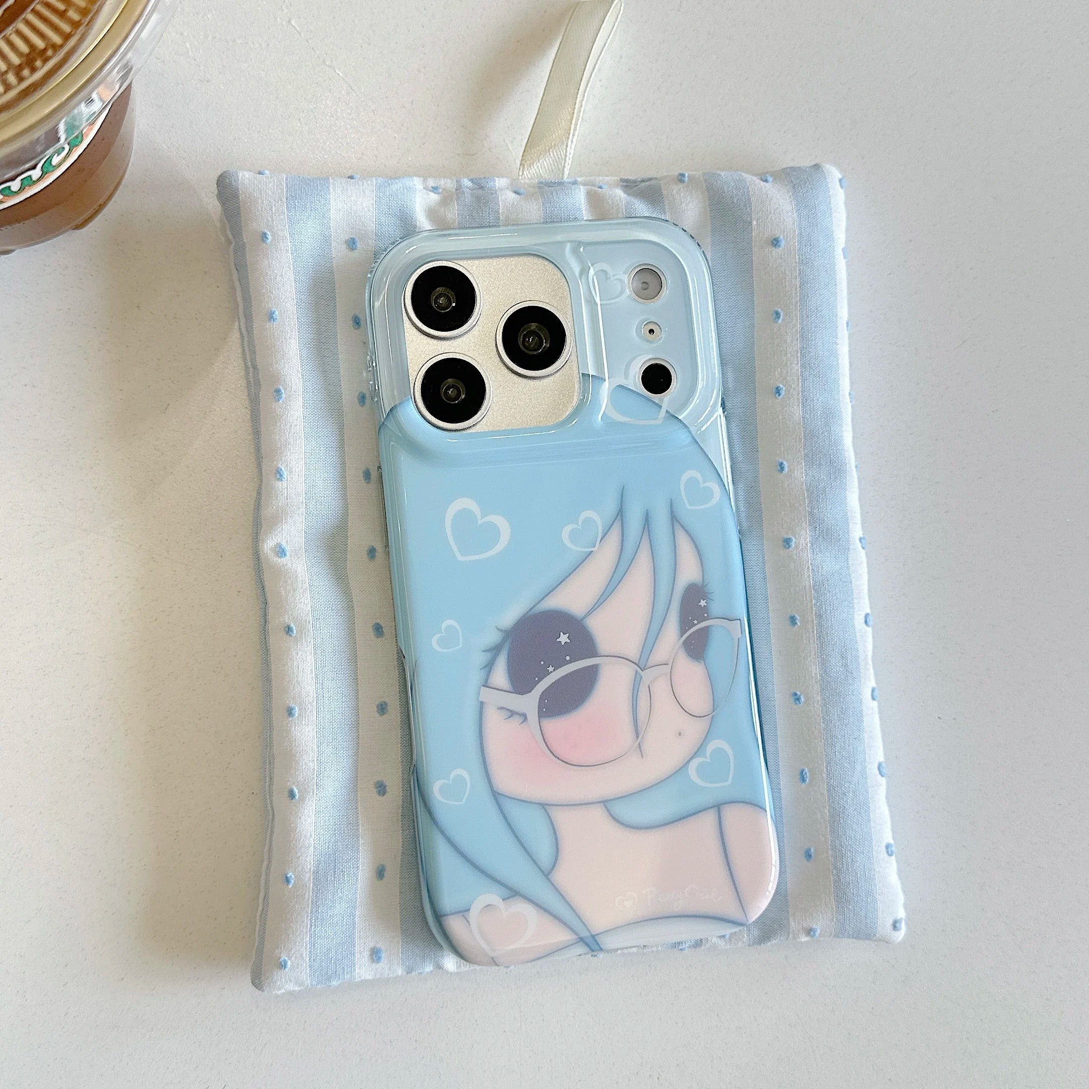 Kawaii Blue Hair Anime Girl Phone Case for IPhone17 16 15 Pro ProMax Cartoon Character with Glasses Soft Gift for Girls