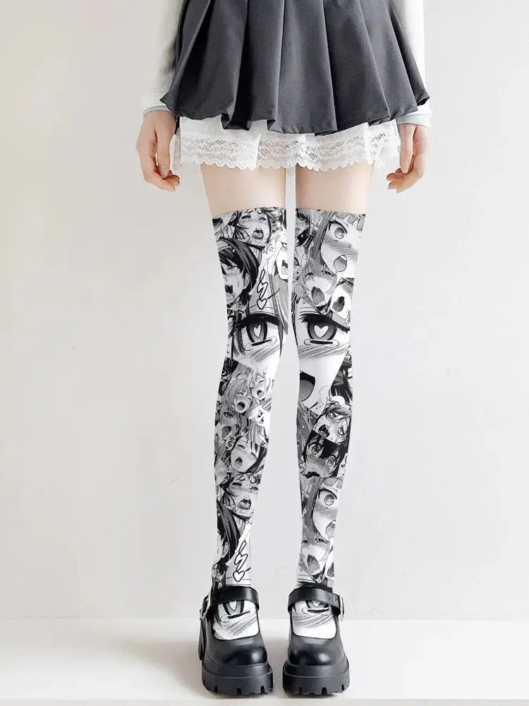 Ahegao Meme Anime Face Print Cute Kawaii Thigh High Socks Over Knee Soft Elastic Velvet Lolita Cosplay Socks Gift For Anime Fans