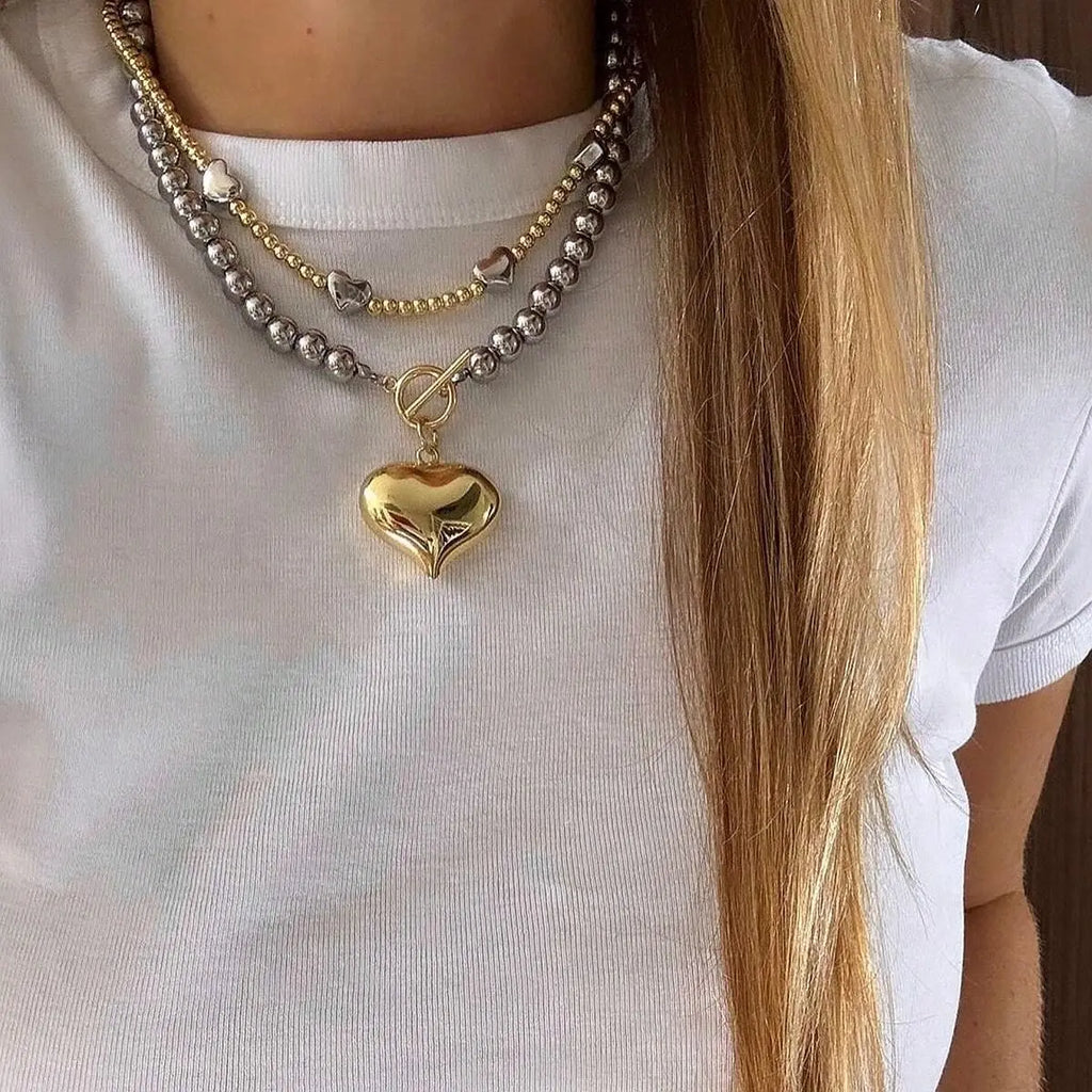 Stainless Steel Heart & Bead Toggle Necklace